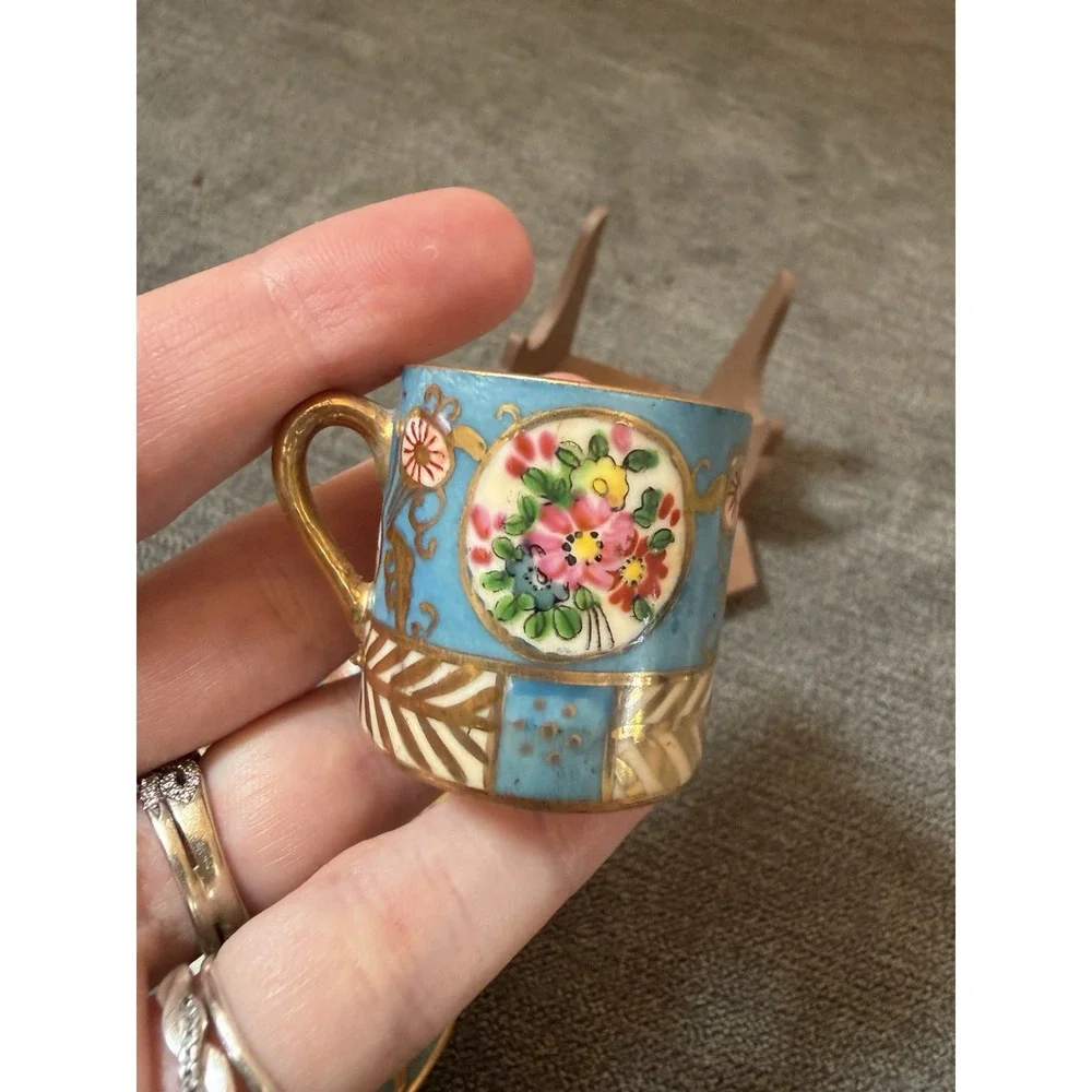 VTG Demitasse Cup & Saucer Porcelain Hand Painted Blue & Gold Floral Hokutosha